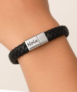 Black leather bracelet men with name