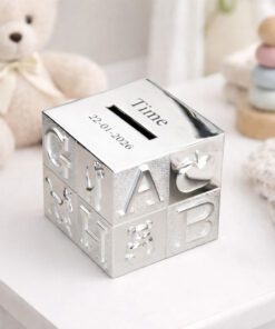 Verzilverde spaarpot kubus met naam