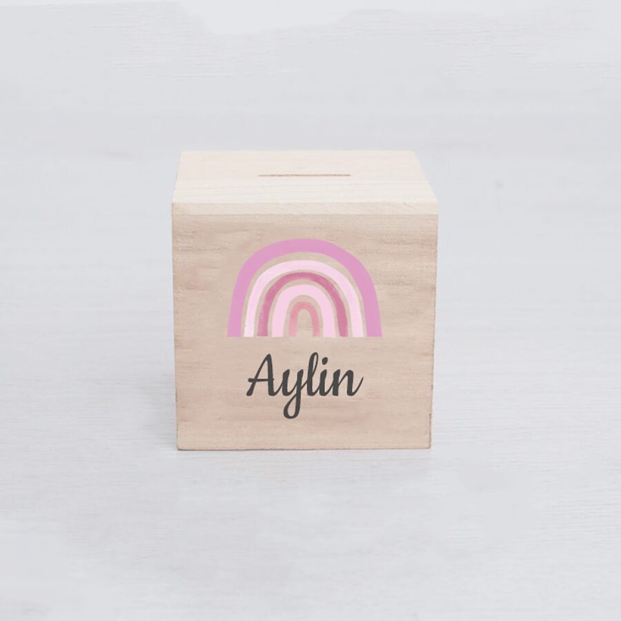 Houten spaarpot regenboog met naam